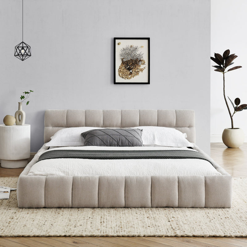 Modern Queen Size Upholstered Bed Frame with Headboard, Thick Chenille Fabric, Beige