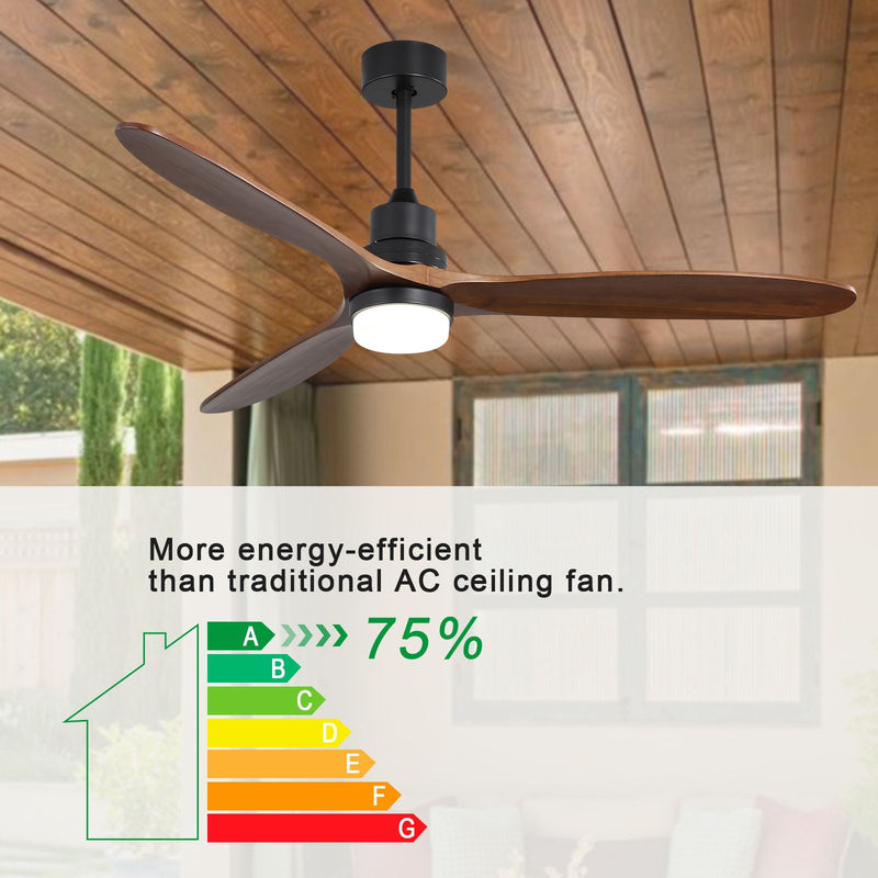 Ceiling Fan With Lights 3 Solid Wood Fan Blade Noiseless Reversible Motor Remote Control - Black