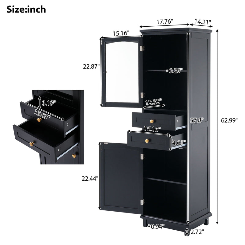 Tall Bathroom Storage Cabinet With Glass Doors, Free-Standing, Two Drawers, And Adjustable Shelves, Board, Painted Perfect For Displaying Your Favorite Items