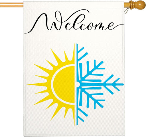 Sun and Snowflake Burlap House Flags for Outdoor, Summer Winter Large Yard Flags 28 X 40 Double Sided Seasonal Decorative Flag for Farmhouse Holiday Decoration