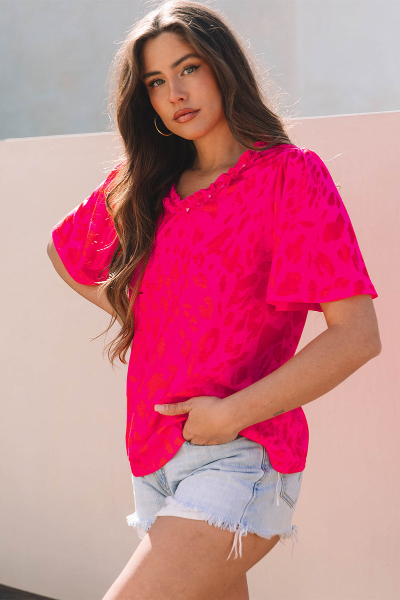 Laurel Leopard Frilly V Neck Short Sleeve Blouse