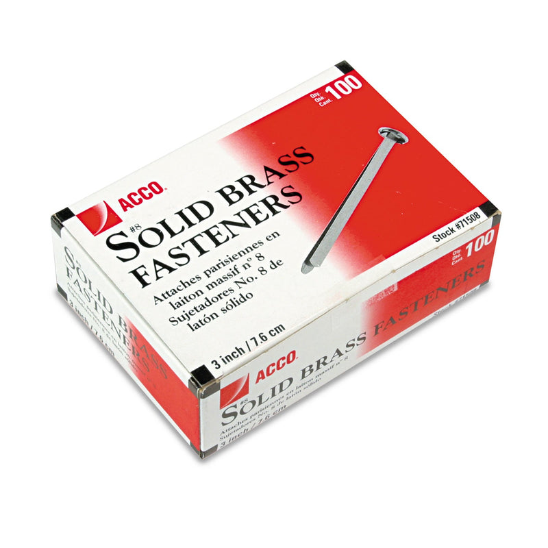 ACCO #8 Brass Prong Paper Fasteners, 3" Capacity, Brass, 100/Box