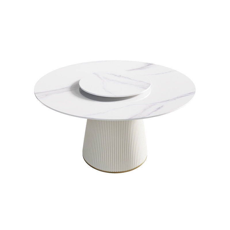 Modern Artificial Stone Round Plywood Base Dining Table, Can Accommodate 6 People, Artificial Stone Turntable (Not Including Chairs) - White / Beige