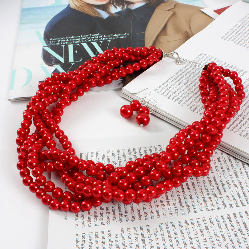 Multilayer Imitation Pearl Earhook Beaded Necklace Short Jewelry Set