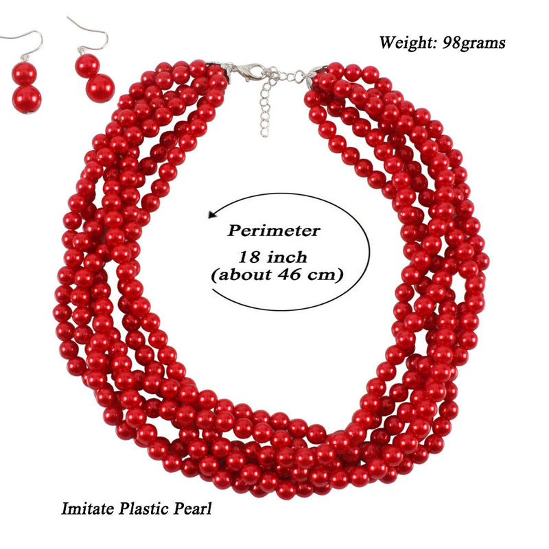 Multilayer Imitation Pearl Earhook Beaded Necklace Short Jewelry Set