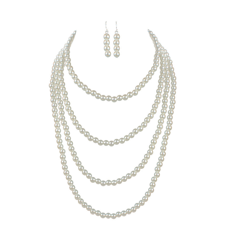Pearl Necklace Earring Set Multilayer Strand Chain Faux Pearls Jewelry Set