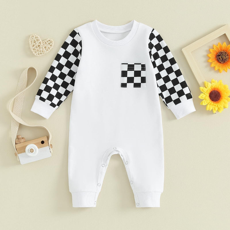 Checkerboard Plaid Color Matching Sleeve Pocket Jumpsuit