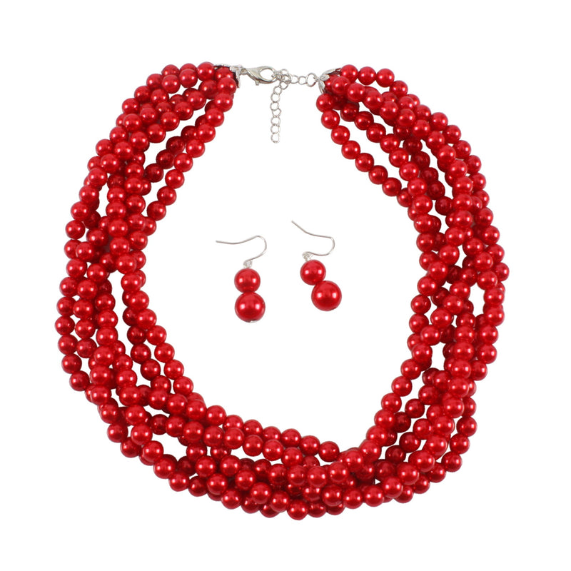 Multilayer Imitation Pearl Earhook Beaded Necklace Short Jewelry Set