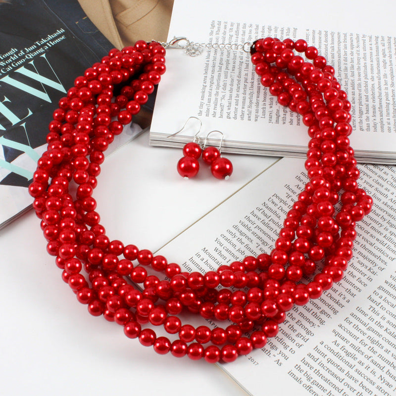 Multilayer Imitation Pearl Earhook Beaded Necklace Short Jewelry Set