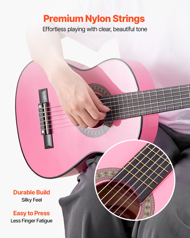 Classical Guitar, 30 Inch, Wood Classical Guitar Starter Kit For Beginners, With Nylon Strings, Gig Bag, Strap, Tuner, Extra Strings, Picks, Capo, Basswood, For Kids Girls Boys Students, Pink
