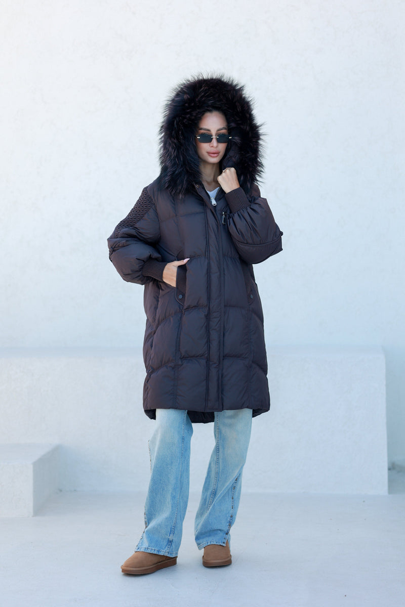 Dakota Genuine Fur Trim Down Fill Coat in Fig