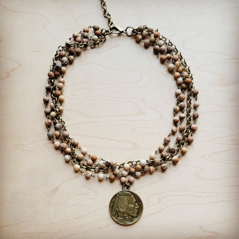 Picture Jasper Collar Necklace w/ Indian Buffalo Coin 259b
