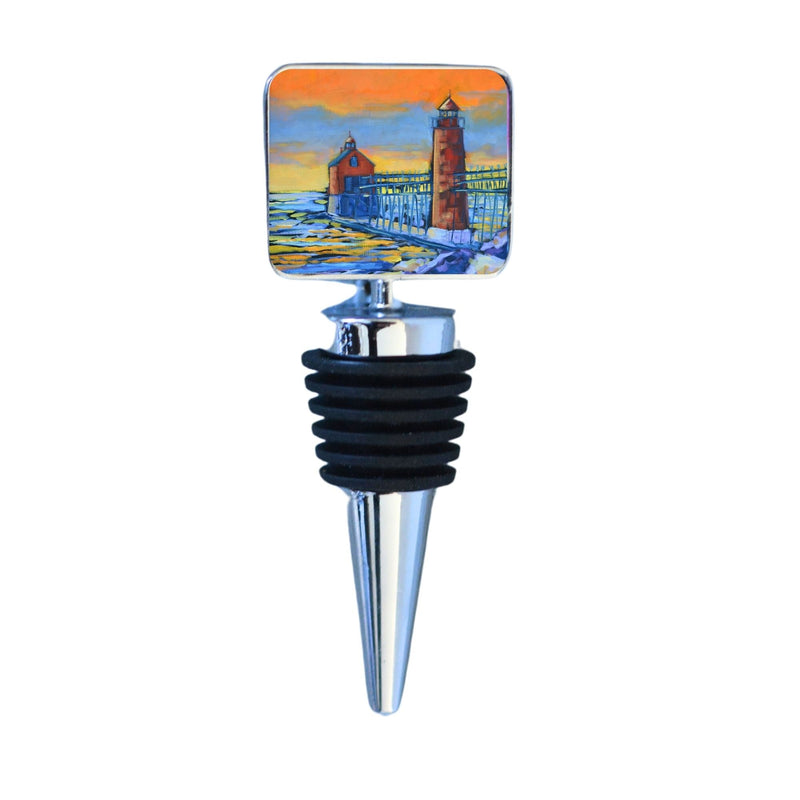 Wine Bottle Stopper: Grand Haven Lighthouse: Burning Sky, Quiet Shore - Sunset