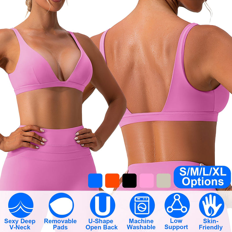 Women Deep V-Neck Sports Bras U-Shaped Back Sport Bras Padded Strappy Crop Open Back Low Impact Bras Sexy Fitness Tank Tops with Removable Pads for Gy
