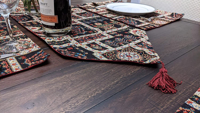 DaDalogy Bedding Elegant Woven Mughal Floral Tapestry Table Runner, Dark Noir Botanical Vintage Fleur (18197)