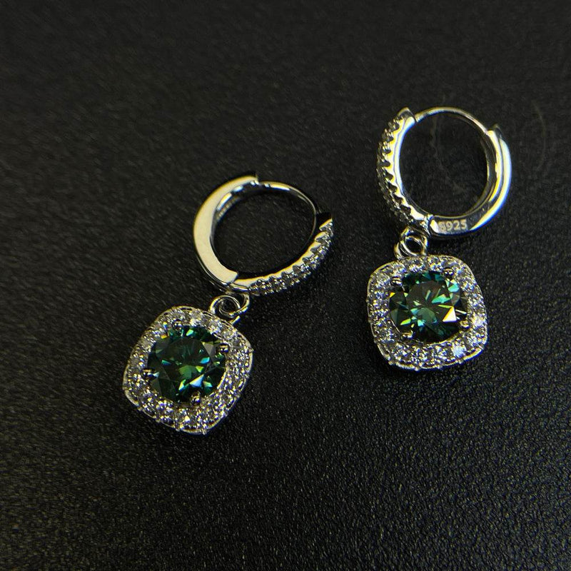 S925 Emerald Green Moissanite  or CZ Square Halo Earrings with Pavé-Set Halo & Hoop, 1ct D-Grade VVS1 Round Moissanite with GAR certification, Sterling Silver Earrings