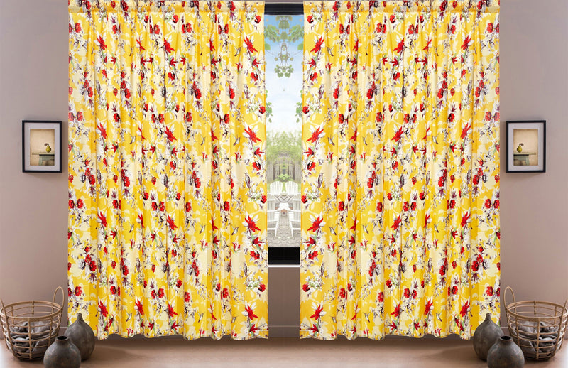DaDa Bedding Set of 2 Radiant Sunshine Yellow Floral Window Curtain Panels - Natural Semi Sheer Hummingbirds Farmhouse Red Flowers Straight Tailored Edge