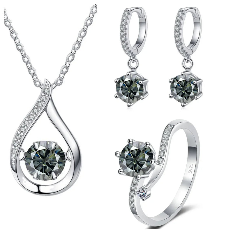 925 Silver Moissanite Jewelry Set Necklace Ring Stud Earrings Solitaire