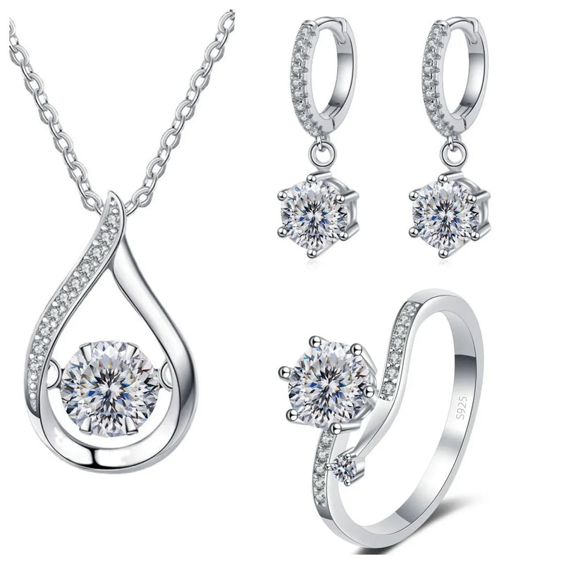 925 Silver Moissanite Jewelry Set Necklace Ring Stud Earrings Solitaire