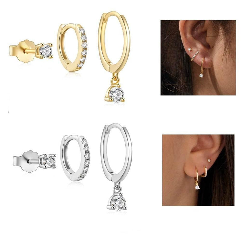 Stacking 3 Pieces Twinkle Charm LuxeHoop & Stud Earring Set with Zircon, 18k Gold Plated Ear Studs and Drops, Stacked Lobe Pretty Studs Cartilage Earrings