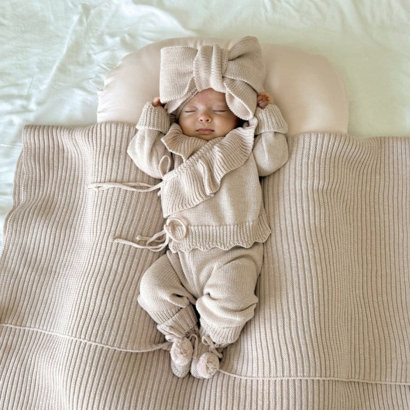 Baby Ruffle-Trim Sweater Cardigan Outfit Pants Headband 3-Piece Set