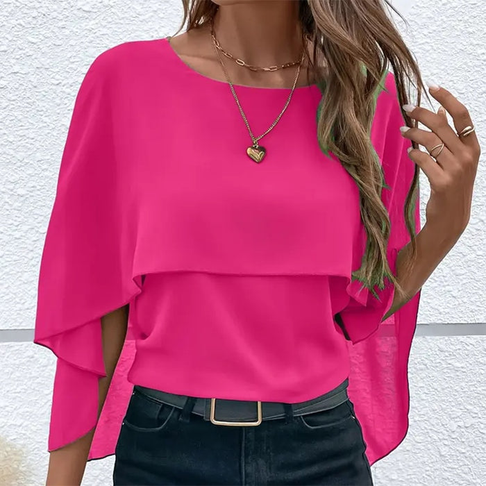 Women's Summer Chiffon Blouses Casual Scoop Neck Cape Sleeve Tunic Tops Shirts