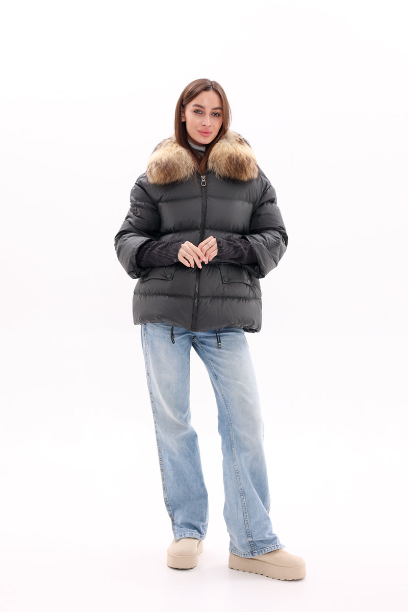 Genuine Fur Trim Down Fill Coat in Black