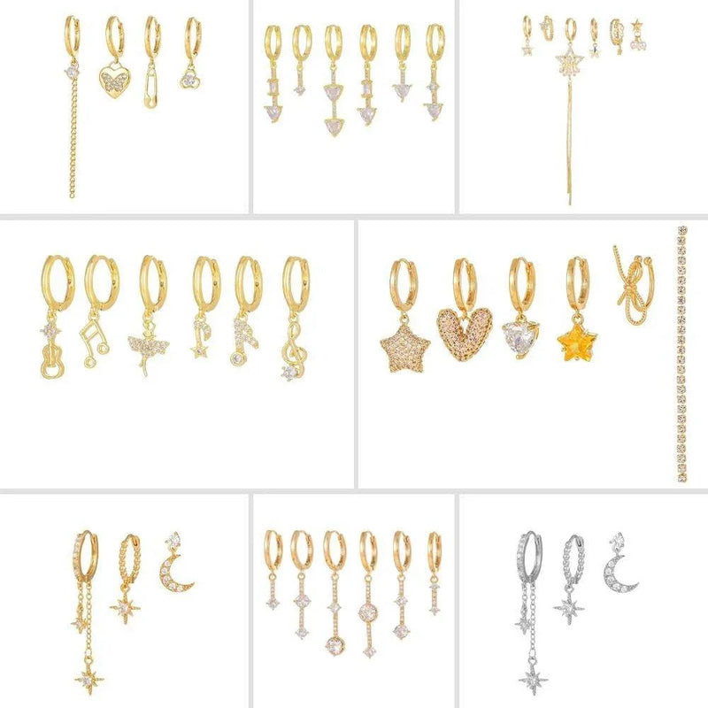 Stacking 6 Pieces Celestial Star & Moon Earring Set, 18k Gold Plated Stud & Drop, S925 Needle, Stacked Lobe Designs with Dazzling Zirconia