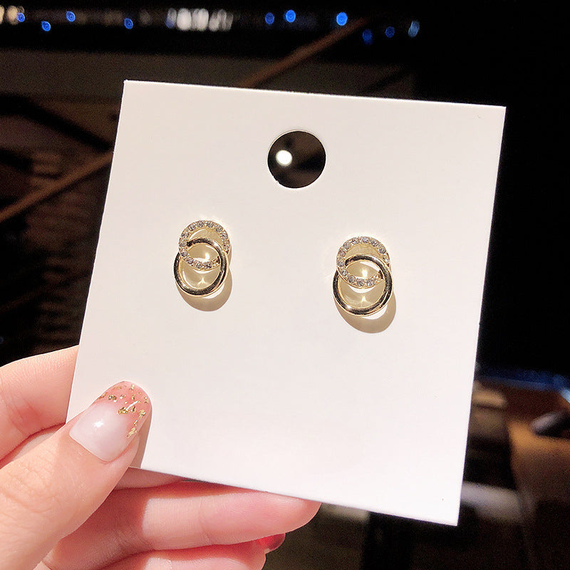 Double Circle Metal Crystal Stud Earrings