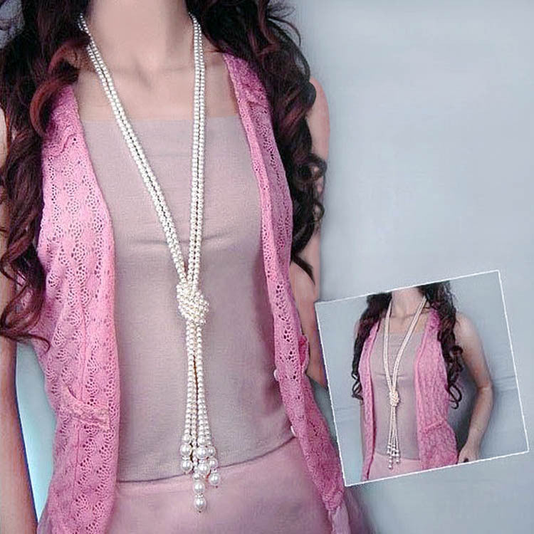 Trendy Multi-Layer Knotted Pearl Sweater Chain Long Necklace