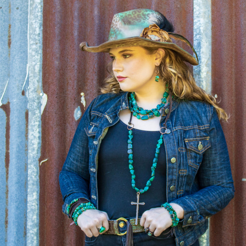 Large Triple Strand Natural Turquoise & Copper Collar Necklace 252y