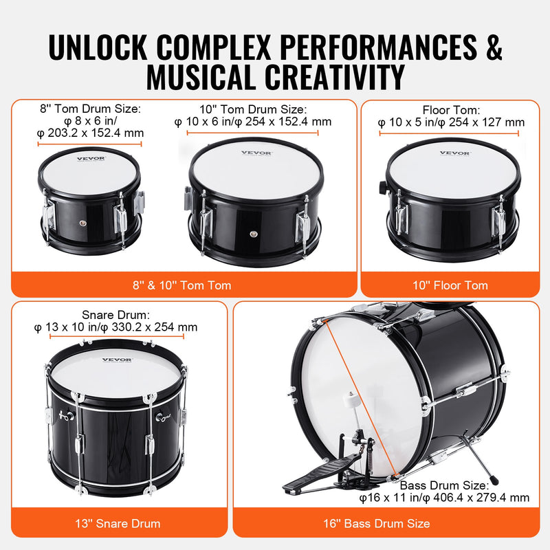 Kids Drum Set, 5-Piece, 16 In Beginner Full Drum Set With Bass Toms Snare Floor Drum Adjustable Throne Cymbal Hi-Hat Pedal And Two Pairs Of Drumsticks, Starter Drum Kit For Child Kids, Black