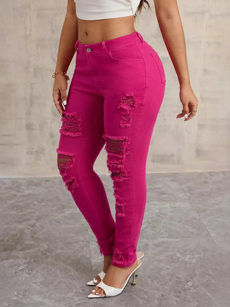 Fuchsia Fierce Distressed High-Waisted Skinny Jeans