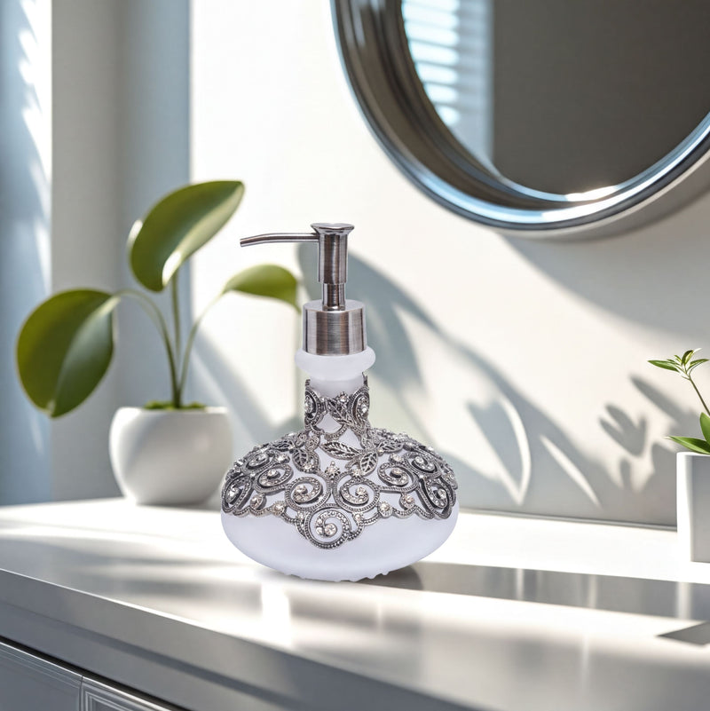 Soap Dispenser - Elegant Frosted Glass Bathroom Lotion Pump Bottle with Rhinestones