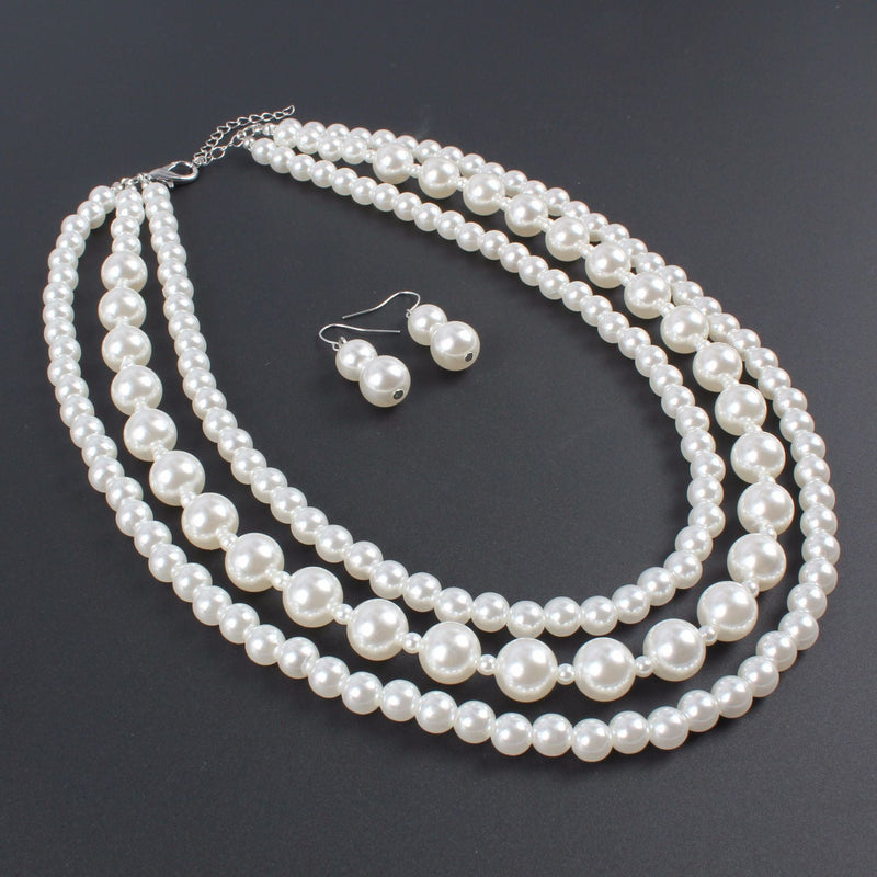 Vintage Handmade Layer Pearl Beaded Choker Necklace Jewelry Set