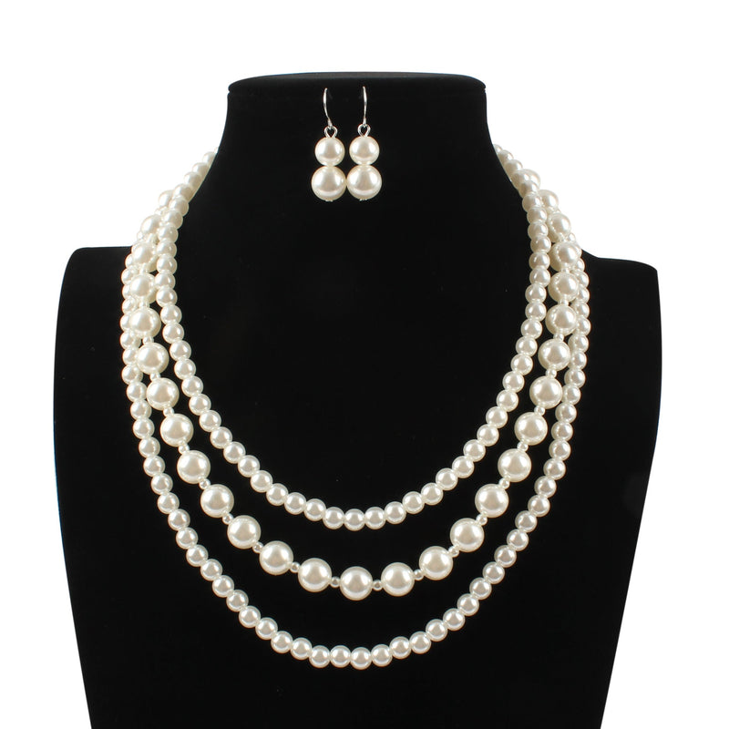 Vintage Handmade Layer Pearl Beaded Choker Necklace Jewelry Set