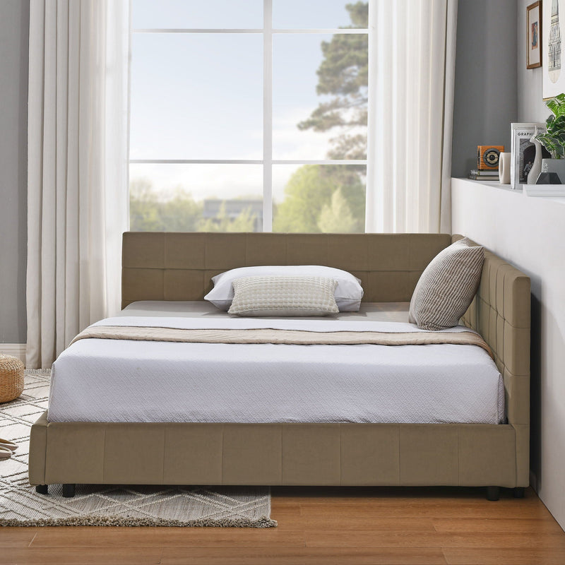 Upholstered Bed Frame With Tufted Backrest And Armrests