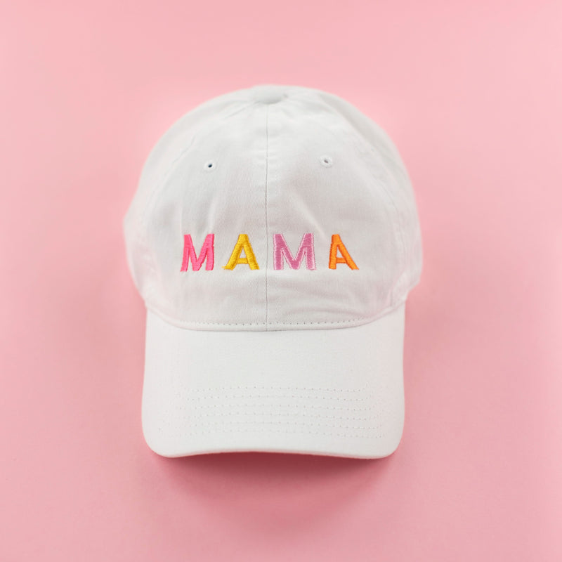 M A M A -  White w/ Multicolor Letters - Adult Baseball Cap