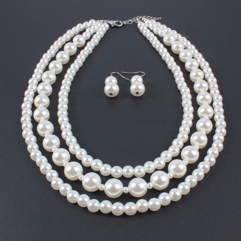 Vintage Handmade Layer Pearl Beaded Choker Necklace Jewelry Set