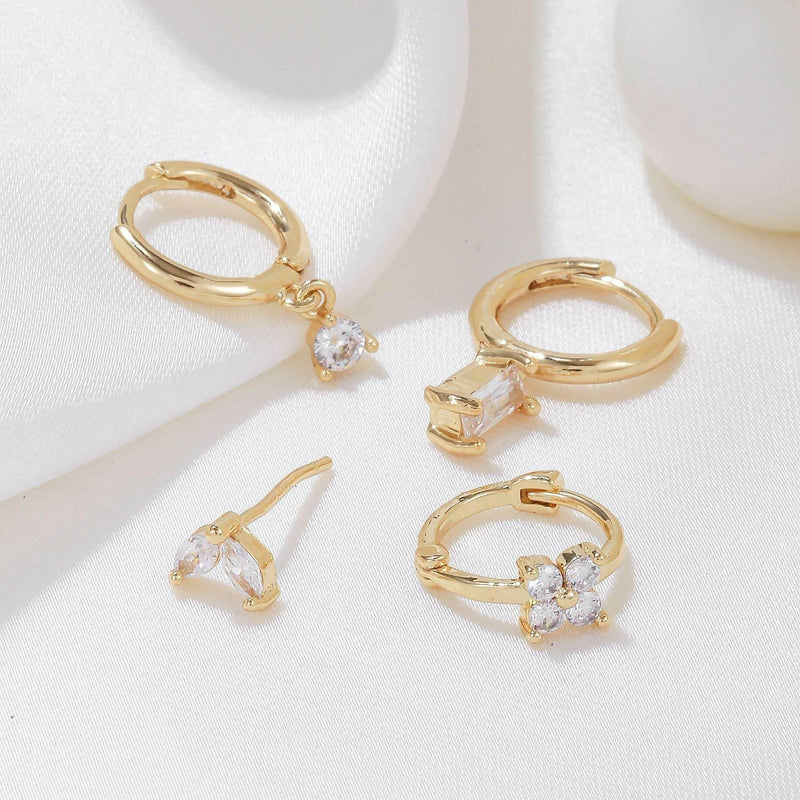 Stacking 4 Pieces Geometric Zircon Stud Earring Set, 18k Gold Plated Ear Studs and Drops, Trendy Sweet Cool Earrings, S925 Needle, Stacked Lobe Designs with Dazzling Zirconia