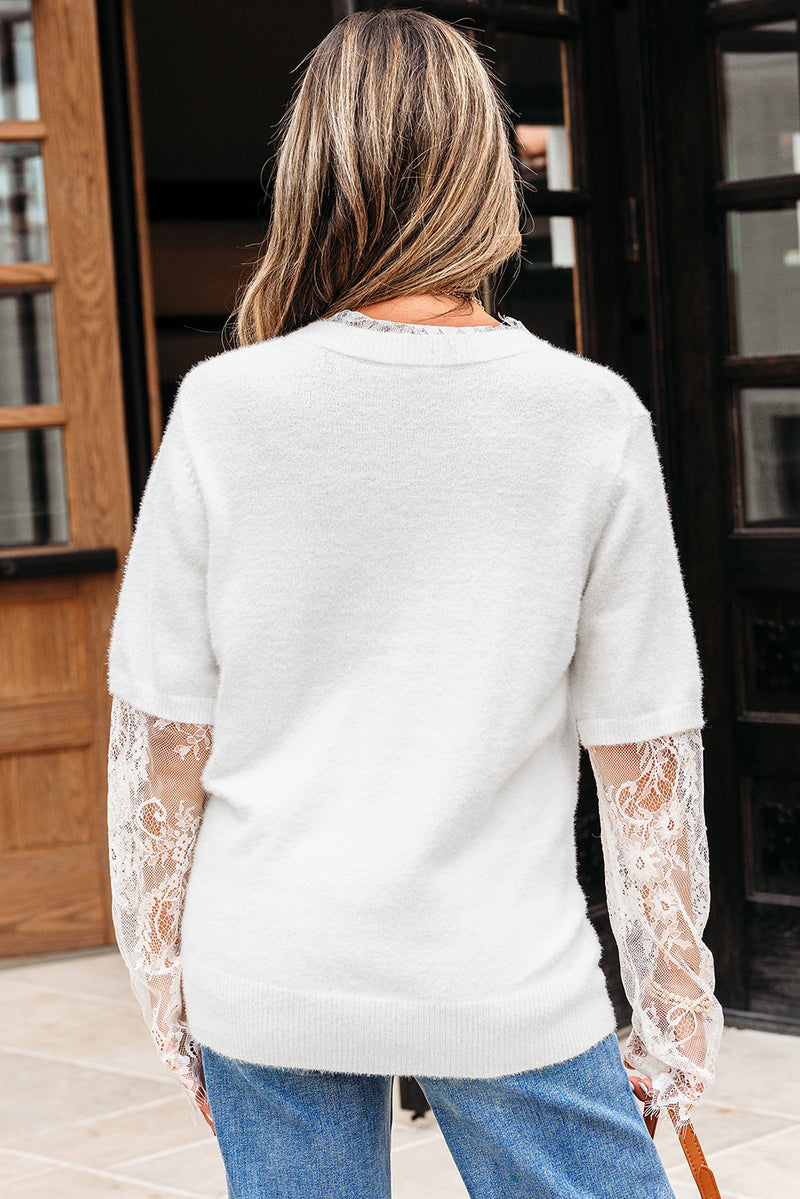 Samantha Lace Sleeve Two-piece Fuzzy Sweater