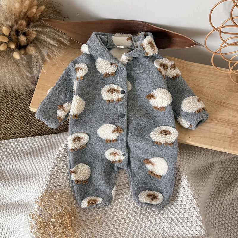 Gray Hooded Lambskin Romper For Babies And Toddlers