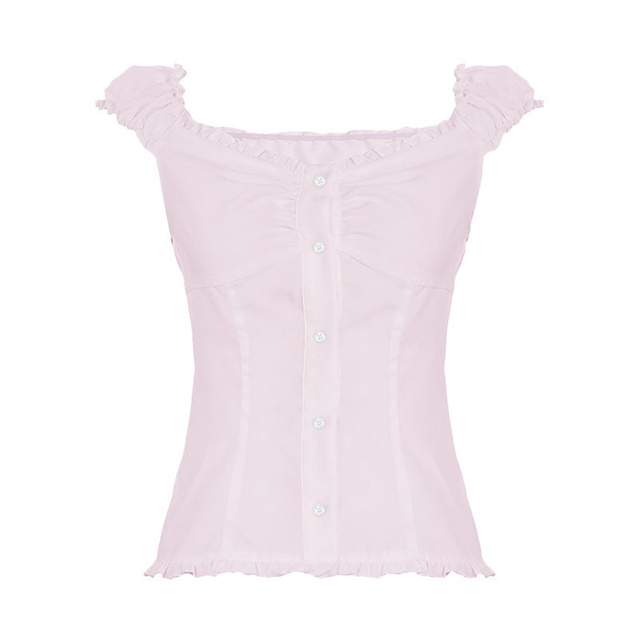 Sweet Slim Fit U-shaped French Wooden Ear Lace-collared Blouse