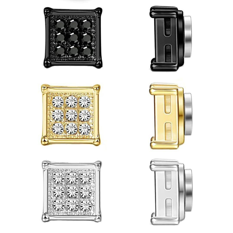 Stainless Steel Magnetic Iced Out CZ Square Stud Earrings for Men Women,  9 Mini Cubic Zirconia Inlaid Magnetic Earrings Non-Piercing Clip On Stud Earring