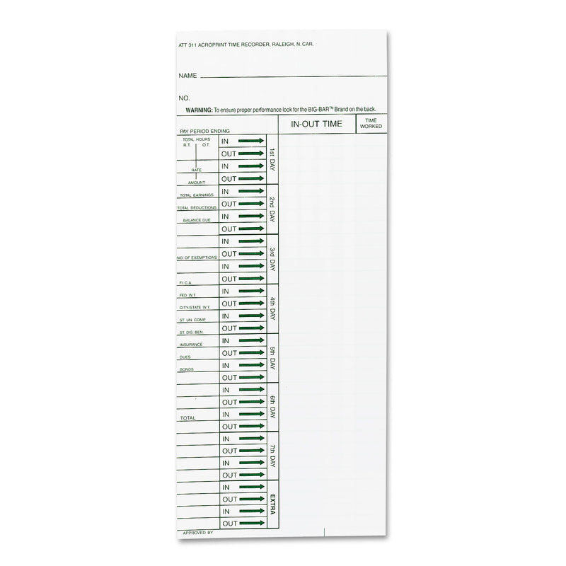 Acroprint Time Clock Cards for Acroprint ATT310, One Side, 4 x 10, 200/Pack