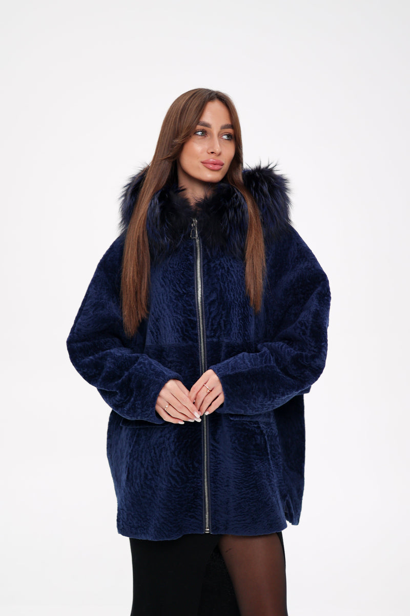 Genuine Shearling Silver Fox Trim Jacket