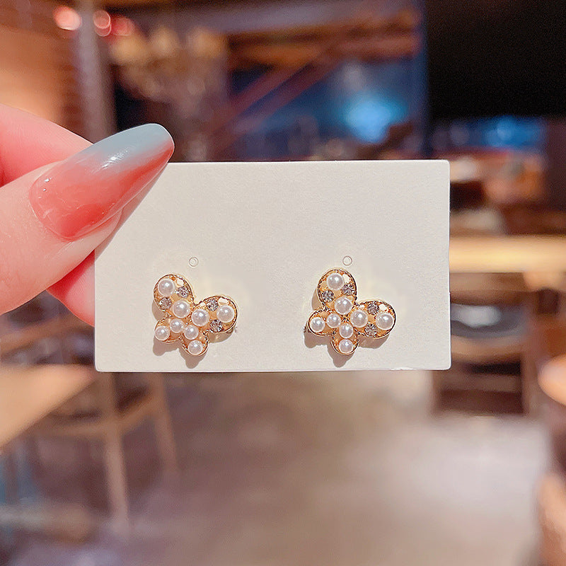 Elegant Butterfly Mini Stud Pearl Earrings
