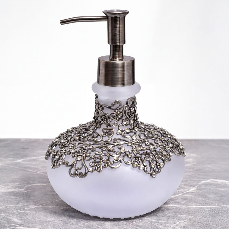 Soap Dispenser – Elegant Frosted Glass Bathroom Accessory with Pewter Finish & Rhinestones