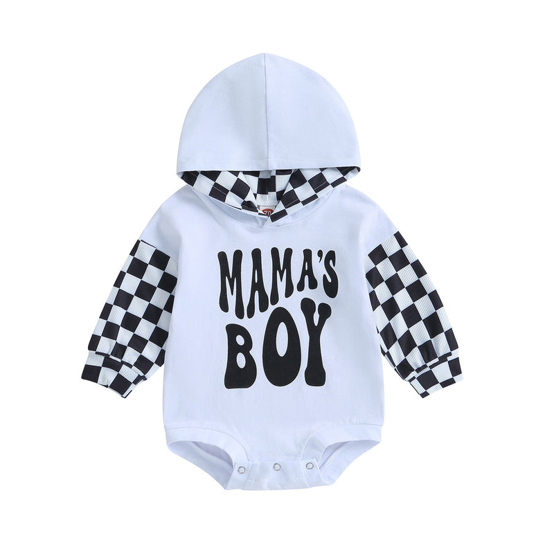 Letter-printed Plaid Patchwork Long-sleeve Hooded Romper