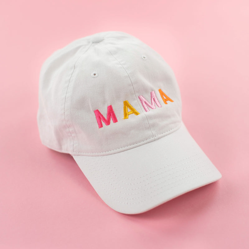 M A M A -  White w/ Multicolor Letters - Adult Baseball Cap